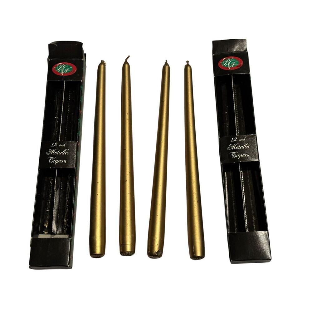 Robert Allen VTG 12” Gold Metallic Taper Candles (4) Holiday NEW READ NOTES Xmas